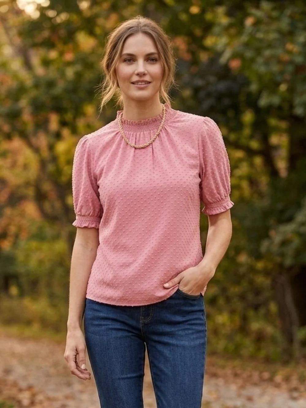 J. Crew Pink Swiss Dot Puff-Sleeve Mock Neck Blouse